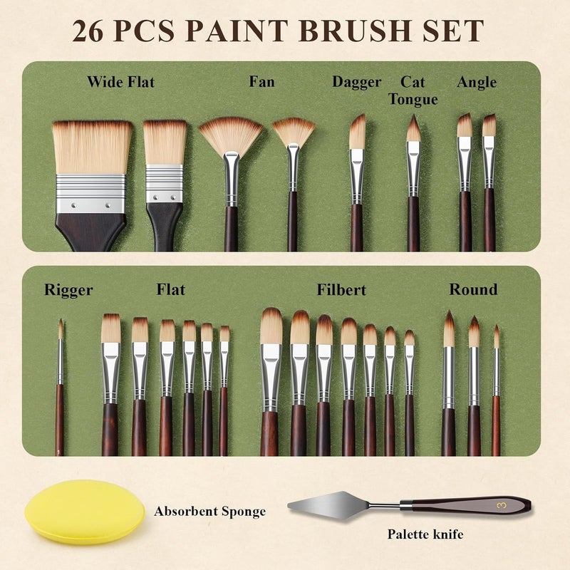 REDSHELL 26pcs Paint Brush Set, Travel Watercolor Acrylic Paint Brushes with Flat, Filbert, Fan, Dagger, Cat Tongue, Round, Palette Knife, Professional Paintbrush Kit for Artist, Oil, Face Painting - Image 2